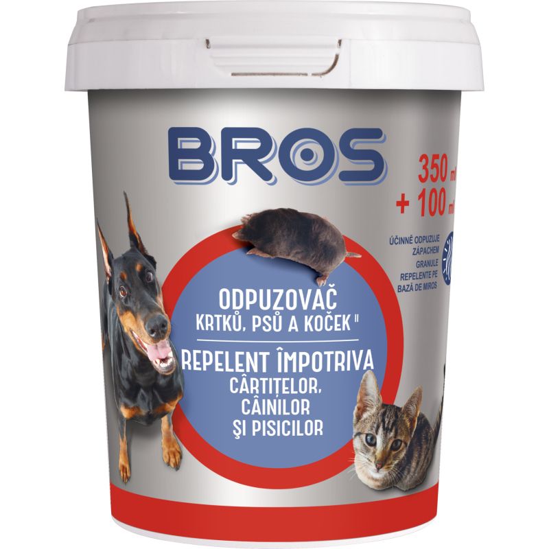 Bros - práškový odpuzovač krtků, psů a koček 350 ml + 100 ml zdarma