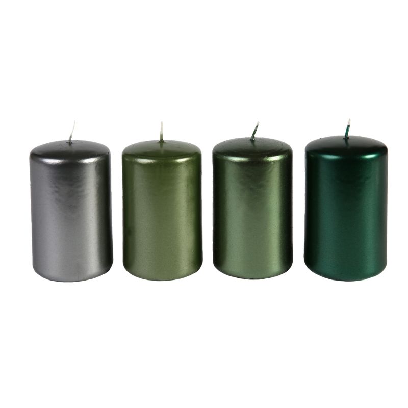 Svíčka adventní válec 60x100 mm - metalická mix zelená 4 ks